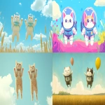 **Two cats wearing spacesuit flying in the sky of a field with country engraving landscape. --chaos 10 --ar 16:9 --style raw --profile dsvcuqn --v 6.1** - <@1138867744763289632> (relaxed)