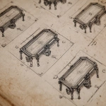 **instructional illustration, detailed black and white engraving, clean style as in a training manual, depicting four identical tables set up in a gaming room, fine linework, printed on aged parchment, no color, historical authenticity, high contrast --ar 3:2** - Image #4 <@806727373508706334>