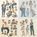 **pencil color, color pencil, gentleman with son, asian, multiple poses and expressions, children's book illustration style, casual look, full color, flat color, realistic look** - <@1137872850187985036> (fast)