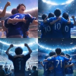 **Young Japanese male soccer player celebrating after scoring, plain solid blue jersey with no logos or brands, only a white back number, hugging teammates, modern stadium full of cheering fans, bright lights, sweat and determination on faces, cinematic atmosphere, realistic style, wide shot, no goalposts --niji 6** - <@1212945075831836692> (relaxed)