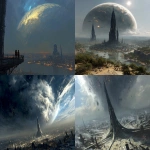 **looking out over an ecumenopolis from the tallest tower, the curvature of the planet is noticeable on the horizon, --chaos 30 --fast --profile oyoqxwa --stylize 1000 --v 7.0** - <@402925052540223490> (fast)