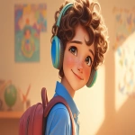 **a medium shot of a realistic illustrated happy 7-year-old Caucasian male student from America, they have a well-defined nose and a well-defined jawline, they have brown eyes and curly brown hair, they stand with their head and neck and shoulders completely square to the camera and facing forward, their entire body is facing forward, they wear a backpack, they have headphones on their head, they stand in front of a white wall with bright graffiti art spray painted on it, it is daytime, the sun is shining bright, high-definition, anime-style, --ar 16:9 --niji 6** - Image #1 <@1065025086664474674>
