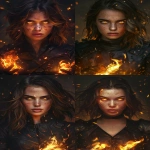 **Mische, striking young woman with golden-brown skin dusted with freckles, glowing sharp eyes full of fire and mischief, tousled shoulder-length dark hair, angular cheekbones, natural full lips, confident mischievous expression. Flames and embers glowing in her hands, sparks drifting around her. Wearing fitted black leather combat gear with subtle gothic detailing. Cinematic fantasy portrait, hyper-realistic, ultra-crisp detail, chiaroscuro dramatic lighting, warm fiery glow illuminating her face, epic atmosphere, powerful and magnetic presence. --ar 2:3 --v 6.0 --no porcelain-skin doll-like glamour smooth-airbrushed features cosplay unrealistic-textures watermark --raw** - <@1244098075421708410> (fast)