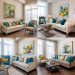 **interior design of a model unit showing the living area in french country style. walnut wood floor. light brown 3-seater sofa. teal and beige throw pillows. french provincial lounge chairs. sheer white curtains. artwork with teal and yellow still life fruits painting** - <@1231814052913877045> (fast)