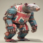 **a 3d rendered image of an industrial-style bear robots with a glass chest head and British flag colour scheme matt metal, an ultra-detailed illustration in the style of Atey Ghailan and Jacek Yerka, ultra-high resolution, in a dynamic pose, 4k --ar 13:20** - Image #2 <@1087506013407695028>