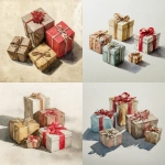 **a wide and short watercolor style image of five to six gifts scattered accross a wide surface with space inbetween them. the watercolor should be light and airy. naturally lit. The gift wrapping paper should be neutral colors of beige or red.** - <@1162445754221215925> (fast)
-# Create, explore, and organize on [midjourney.com](<https://midjourney.com/imagine?from_discord=1>)