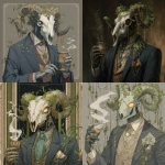 **The character is an elegant, otherworldly figure with a moss-covered ram skull for a head, glowing amber eyes, and sprawling colonnade-horns adorned with vines and golden chains. Dressed in a refined suit with rich fabrics, ornate jewelry, and a mystical green gemstone pendant, he holds a smoking goblet, exuding a blend of arcane sophistication and nature-bound mystery. --v 7.0** - <@1018138887199129620> (fast)