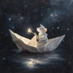 **A white folded paper boat sails through the night sky. In the boat is a silver-furred mouse wearing a folded paper cap and holding a silver sextant. The boat gives off a glowing aura. The background is a starry sky against a dark void. Ammonite amanita Highly realistic painting. --v 7.0** - Upscaled by <@1071135204846096475> (fast)
-# Create, explore, and organize on [midjourney.com](<https://midjourney.com/imagine?from_discord=1>)