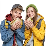 **two teenagers, boy and girl with backpacks, happily eating kebab wraps, photo, white background** - Image #2 <@1019171884983648307>