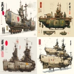 **a dnd style concept art with Ashley Wood details of two feudal japan wooden and old iron nuclear powered torpedo carrier destroyer battle train, Japan Meiji era armada, have different number in the body, same size but not identical, dark industrial scifi style, labeled as armada best units, white-light sand color with wood camo accents and small hi-viz yellow and red hazard markings, mechanical details, Japanese characters graffiti on the bombs, realistic look, moody atmosphere, a little bit foggy, signal towers, various size nobori, various size lanterns, robotic-mechanical arms, have japanese anime mural on the body, signal cabbles, on a white background in the style of Studio Ghibli and Makoto Shinkai, cel-shaded, full-body, cartoon, 2D game art --ar 11:5** - <@1043498067623686144> (fast)