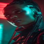 **realistic cyberpunk black female, at night, with neon lights in the background, red and turquoise. Strong light from above, on the face. High contrast. The female is looking towards the camera 3/4 view, she has braids, glowing eye cyber gear and an ear piece --ar 9:16** - Image #4 <@1174469651695144981>