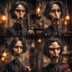 **a lifelike marionette intricately designed in the whimsical yet dark style of Tim Burton. The puppet bears striking resemblances to Keanu Reeves, particularly the brooding intensity of his character John Wick. This unique creation embodies a fusion of classic fairy tale charm and gritty underworld aesthetics, evoking a scenario where Pinocchio navigates the sinister realms of the Russian mob. The marionette's wooden features are delicately carved, with exaggerated expressions that convey both innocence and menace, set against a backdrop of shadowy alleyways and flickering streetlights.** - Variations (Strong) by <@665946523279818772> (fast)