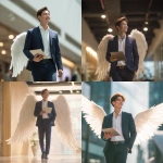 **a handsome Asian man with light brown hair, wearing a navy suit and pants, walking confidently with a smile, holding an iPad in one hand, the other hand in his pants pocket, large white angel wings on his back, low-angle view, slightly looking up, blurred business office background, happy mood, soft lighting, realistic photo, 4K** - <@427615579231485956> (fast)