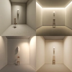 **A simple room with a carpeted floor, plain cream-colored walls, and a grey ceiling. In the middle of the room, there is an empty wall on which sits a small wooden chair. Hanging on that same wall is a white mask. The only light source comes from one side, giving the room a minimalistic, virtual reality-style appearance. --ar 64:31** - <@538736737350975538> (fast)