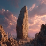 **cinematic hero section for a premium stone monument studio landing page; a massive stone monolith shown specifically from above a clear view of the top surface of the monolith rising above the canyon; the monolith stands in the middle of a narrow rocky gorge at sunset; warm golden hour lighting with soft pink and blue clouds in the sky; highly realistic stone textures; brutalist and minimalistic style; clean UI/UX-friendly composition with negative space for future text and buttons; no actual text or logos; a large ancient sword is half-embedded into the very top of the monolith the blade enters the stone exactly halfway, with the hilt exposed above; the metal subtly glows and catches the light; ultra-realistic 3D render, natural lighting, 8k, wide-angle view; --ar 16:9** - Image #2 <@1279904296581730344>