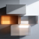 **Material study layout showing four squares: opaque matte surface, translucent frosted material, transparent clear acrylic, reflective metallic finish, each lit from behind to show different light behaviors --ar 1:2** - Image #4 <@794327127260266516>