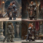**a female dwarf warrior wearing master-craft mithril armor, she has one mechanical arm, standing in the dwarven king's court, D&D fantasy character art** - <@758604467146588180> (fast)