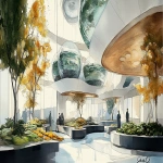 **<https://s.mj.run/J481k19R0sY> <https://s.mj.run/Nlu3ItpiLmk> <https://s.mj.run/5Zwnb5PDQNM> an illustration using black pen and watercolour, loose sketchy watercolor and black pen illustration of a futuristic healthcare waiting room a multi storey vertical farm on one side , plants grows with tanks of fish above them , the space which is filled with trees, the noerthern lights are present at the high ceiling to individual wellness pods, zaha hadid organic futuristic architecture highly detailed, unique, many people in the space --ar 16:9 --v 6.1 --s 250** - Image #1 <@999895176619237436>