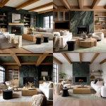 **editorial photo of a cozy moody living room with ribbed glass-fronted and oak ribbed shaker cabinetry with brass sleek cylindrical handles, an exotic forest green granite fireplace with bold veins, white modern sofa and accent chairs, large ribbed oak coffee table, beige knitted throw blankets and throw pillows, black ribbed round end tables, Natural oak plank flooring with a traditional light green rug, oak ceiling beams. ARRIFLEX 35 BL camera, high definition quality, Canon K35 Prime Lens, bright and airy --ar 4:5 --raw** - <@1230559318680670299> (fast)