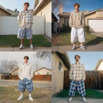 **A young handsome tan skinned white man with light brown hair cut short in a wavy shaggy hairstyle dressed in a Y2K Cholo gangster style, wearing a long sleeve flannel button up white and tan shirt and extremely baggy, extra-long, 3XL plain long white and blue Jordan basketball shorts. His shorts are very long and go down to his ankles and feet. He is wearing Nike Cortez shoes standing in his house in the winter** - <@1061360796438900746> (fast)
