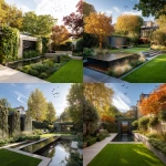 **high quality contemporary garden in London, water feature, green walls, mature trees in autumn, beautiful lawn, sunny day, birds in the sky --v 7.0** - <@1013385397600002048> (fast)