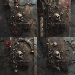 **an old grungy photograph on a skull with vines, ivy and roses growing out of it onto an old gothic castle wall, dark moody vibe, muted colors with pops of red** - Zoom Out by <@424564814052851715> (fast)