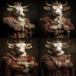 **<https://s.mj.run/1NjRNbUywKQ> photo portrait of a very rich European king with his arms crossed in front of his body, but his head is a mostly white cow's head and he is wearing a crown and carrying a sceptre --ar 2:3 --v 7.0** - <@1103975769467789322> (fast)