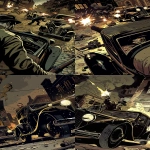 **realistic graphic novel illustration, 1920s prohibition era, wide theatrical shot of an entire street as a battlefield, multiple gangster silhouettes engaged in a gunfight, men taking cover behind vintage cars and brick walls, muzzle flashes scattered across the scene, thick smoke hanging in the air, one or two bodies lying on the ground suggested in shadow, the street itself feels oppressive and violent, film noir atmosphere, tragic and distant tone, single streetlight casting long dramatic shadows, warm dark color palette, tobacco browns, dirty gold, deep blacks, adult realistic archer-inspired graphic novel style, painterly composition, frozen moment of chaos, grainy film texture, cinematic distance, --ar 9:16 --v 6.0 --sref <https://s.mj.run/Zdn2IhGsQkM> --raw** - <@722459746162049074> (fast)