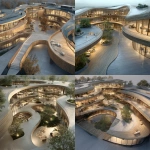 **conceptual architectural render of a public campus building, based on an organic, realistic, detailed, curving floor plan layout emphasizing flowing, inclusive spaces with curved glass facades, warm wood textures, soft ambient lighting, landscaped open courtyards, integrated indoor-outdoor transitions, modern minimalist furniture high-resolution, aerial perspective, photorealistic style, rendered with soft shadows and realistic materials** - <@759292859500855326> (fast)