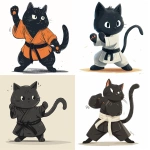 **A cute, fluffy black cat is doing karate, vector illustration in the style of Gemma Correll on a white background. The full-body shot features simple shapes, bold lines, low details, no shadows, flat color application, no textures, no shading, no detail, no shadowing, and only the paws and tail are visible, with no feet. The overall style is cartoonish. --ar 8:7 --v 6.0 --s 250** - <@756269320539209761> (fast)