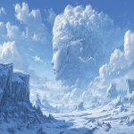 **classic fantasy art of a wide icy wasteland with frozen rocks that stretches to the horizon, with a large white cloud hovering above that has the shape of a face of a beautiful elven woman with braided white hair in it --ar 2:1** - Image #4 <@345758421947252741>