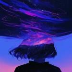 **a woman's head from behind in the dark looking up at the sky. The sky is beautiful and filled with stars and streaking details of color. --niji 6 --ar 2:3** - Upscaled (Creative) by <@656961830371196938> (fast)