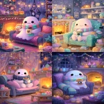 **a super cute kawaii ghost with round black eyes, cozy striped scarf, big smile, sitting on a couch holding a donut and a mug with skull, in a cozy living room with glowing fireplace, pumpkins, stars, friendly bats, and magical halloween decorations, vibrant pastel colors, soft and adorable atmosphere, a4, cover illustration, highly detailed --ar 5:7 --v 7.0** - <@437878260013989888> (relaxed)