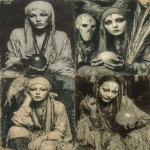 **1920 woman sitting in a robe holding a prophetic iris ball of crystal, exaggerated dark makup in the eyes, staring the camera, very old ferrotype crackled borders photography, in the style of ritualistic masks, vaudeville presentation, contemporary ferrotype photography, wiccan, indian scenes, 1920s --ar 87:112 --stylize 750 --v 7.0** - <@1054482006731395092> (fast)