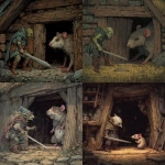 **n a dungeons and dragons art style, a scared goblin with a sword standing off against a filthy scary big brown rat, inside an old wooden hag's hut, scary, gross --v 7.0** - <@478047972412620803> (fast)