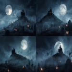 **a halloween themed scene depicting a haunted house atop a hill surrounded by a graveyard. a full moon should be visible in the sky. the scene should include bats, ghosts, mist and jack-o-lanterns. take inspiration from the film Hocus Pocus for atmosphere and aesthetic. the image should be photorealistic. --ar 3:2 --s 50** - Variations (Strong) by <@461803524808900618> (fast)