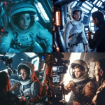 **a unaactriz que interpreta a mujer astronauta with helmet, en el mundo de ciencia ficción del cine, en el momento de filmar una escena en el set de rodaje; una escena que consiste en que la astronauta está subiendo por la escaleta de una nave espacial que la llevará a al Espacio exterior; el director de la película da intrucciones a la mujer astronauta de cómo ha de subir por la escalera de la nave; ambiente: cinematografía de tiempos futuros; iluminación cuántica a bade de LEDs; alta resolución y realismo coherente con la escena futurista. --v 6.1** - <@755517668227809280> (fast)