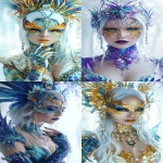 **Symmetrical front view of An artistic fantasy makeup portrait inspired by the Chinese legend ‘Fenghuang’. A regal Young Indonesian woman symbolizing the phoenix and fairy ancestry golden, orange, and royal navy tones in shimering white face paint. phoenix feather eye makeup with metallic gold eyeliner shaped like a phoenix feather, shimmering midnight blue and glittery cobalt gradient eyeshadow, pearl and crystal accents around the eyes. Deep mahogany lips with golden glow, glowing porcelain white painted body with splitcake paint in ethereal light, wearing an elaborate headdress and earrings made of glass beads, Subtle phoenix feather painted on the temples and neck and shoulders, in the style of ippei gyobu mecha. the full-body portrait features exquisite details, white hair, long fantasy nail art. the background is a bright, white environment with soft lighting, resulting in an ultra-high definition, high-resolution, and super-detailed image. --ar 9:16 --profile maltihr** - <@1043498067623686144> (fast)