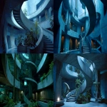 **dvd screengrab of the interior of an apartment building in the film avatar, directed by james cameron. the building's design was inspired by the work of architect frank lloyd wright and features a concrete structure with a spiral staircase. --ar 72:35** - <@554549579131912202> (fast)