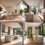 **aptured by a world-class luxury architectural photographer, Hasselblad 500CM, 80mm lens, f/4, ISO 100, 1/60s shutter, wide horizontal composition from slightly above countertop height, showing an ultra-luxury minimal open-plan kitchen in a wellness retreat, oversized island in washed white oak with honed light stone waterfall edge, matte warm white cabinetry with concealed handles, pale timber floors, full-height glass doors opening to rainforest greenery (softly desaturated), natural daylight with lifted shadows and bloomy highlights, shallow depth of field softening the exterior while keeping kitchen surfaces sharp, warm neutral whites and muted stone palette, no harsh contrast, rich, pronounced 35mm film grain, subtle frame edge softness, authentic Kodak Portra 160 film texture pushed one stop, halation bloom on highlights, gentle color shift in shadows for analog realism, editorial Architectural Digest x Kinfolk Living style, airy and restorative mood, photorealistic analog capture** - <@837237355722571776> (fast)
