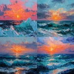 **Palette knife abstract painting with thick oil textures, depicting a sunrise over the sea. The scene features blue-green ocean waves and the warm orange-red glow of the rising sun. The artwork emphasizes bold, heavy paint application with strong depth, rich layering, and highly textured details, creating a dynamic and dimensional visual effect. --ar 16:9** - <@1087015770053148784> (fast)
-# Create, explore, and organize on [midjourney.com](<https://midjourney.com/imagine?from_discord=1>)