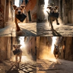 **A scrappy, medium-sized mixed-breed dog dashes through a narrow cobblestone alley at golden hour, clutching a black Moleskine notebook in its mouth. The camera follows in a dynamic tracking shot at low angle, emphasizing the dog’s swift movement and determination. Dust kicks up with each step, sun rays streak through the gaps between old buildings, casting warm highlights on the scene. Ambient city sounds in the distance, occasional barking, footsteps echoing faintly. Style is naturalistic and cinematic, capturing spontaneous urban life. No humans visible. Cinematic, no subtitles. --s 50 --raw** - <@1041542379544526880> (fast)
-# Create, explore, and organize on [midjourney.com](<https://midjourney.com/imagine?from_discord=1>)