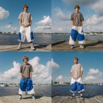 **A young handsome tan skinned white man with light brown hair cut short in a wavy shaggy hairstyle dressed in a Y2K Cholo gangster style, wearing a Shaka grey t shirt and extremely baggy, extra-long, 3XL plain white and blue Jordan basketball shorts. He is wearing Nike shoes standing on a dock in Jacksonville Florida. His shorts go down to his feet touching the ground and his shoes --v 7.0** - Remix (Strong) by <@1061360796438900746> (fast)