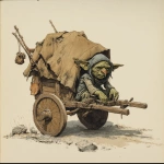 **In a dungeons and dragons and Frank Franzetta art style, a scared crying goblin hiding under an old dirty tarp on a two-wheeled medieval cart --v 7.0** - Image #4 <@478047972412620803>