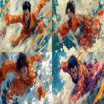 **Stylized 2D anime illustration, full-body shot of an anime man in ornate pajamas dodging airborne trails of golden dust with a theatrical dance pose. One leg stretched forward, one arm raised, the other curved backward in motion. His pompadour hair arcs dramatically, eyes narrowed with precision. He carries a sleek white cordless vacuum cleaner strapped across his back. The background is fully duotone: bright cyan and magenta, with thin black kinetic lines. Floating katakana sound effects like "スウッ" and "ヒュン" drift around him like musical notation. The pose is absurd and majestic, evoking stylized battle-dance choreography. Flat colors, high-contrast silhouette with hard cel shading. --ar 16:9 --v 6.0 --s 850 --raw** - <@1208079041723375626> (fast)