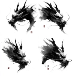**Dark ink wash painting style, powerful dragon head in side profile, sharp face with two sleek horns, flowing beard blown by the wind, painted with bold heavy brush strokes, deep black tones with rich ink texture and splatters, dramatic and shadowy aesthetic, minimalist composition on pure white background, only the dragon’s head, refined yet fierce, sumi-e, high resolution** - Variations (Strong) by <@297413239044702208> (fast)