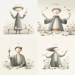 **The Magician tarot card. The image depicts a young man with a cloak and shirt holding a small stick with his right hand while his left hand pointing down, an infinity symbol above his head, he is standing behind a table, there are a coin, a wand a sword and a cup on the table, many flowers around him. --ar 7:12 --sref <https://s.mj.run/7Pc5aa8BRXU> --profile 4mtwbir** - <@409716268476923920> (fast)