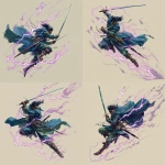 **DND 3.0 art style, action shot. An elvish landsknecht swinging his blue green great sword, arcs of purple lightning follow close behind** - Variations (Strong) by <@592548661985017856> (fast)
-# Create, explore, and organize on [midjourney.com](<https://midjourney.com/imagine?from_discord=1>)