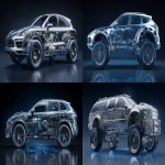**Stainless steel SUV modern long body, full of hydraulic mechanical parts, ultra bionic super shape, dark background, round lines, over blue cracked base, --ar 16:9** - <@1164377807414116392> (fast)