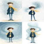 **Cute, minimalist watercolor illustration in a children’s picture book style. Character: Nowy Rok A symbolic young man representing a new beginning. Appearance: looks about 18-20 years old tall, slim, youthful body relaxed, open posture Face: young, smooth face gentle, hopeful smile calm and friendly expression Eyes: light blue warm, curious, kind Hair: dark brown short slightly tousled Clothing (simple, no patterns): navy blue jacket, plain light yellow scarf, plain dark blue pants, plain black shoes, simple Accessory: small dark green shoulder bag Magical elements: a soft magical glow / aura surrounding Nowy Rok glow is gentle, diffused, child-friendly color: pale blue mixed with very light yellow snow is swirling around him, not falling straight down snowflakes shown as small white dots and soft curved lines snow movement feels light, calm, magical, like a gentle spiral Mood and emotion: hopeful magical calm sense of new beginning Style and colors: soft pastel color palette delicate watercolor texture with visible paper grain rounded shapes minimal details therapeutic, child-friendly illustration style Background: simple night background or very soft winter sky no buildings no text No text, no frame, no watermark. Hand-painted watercolor look. Magical New Year moment. --ar 9:16** - <@409716268476923920> (fast)